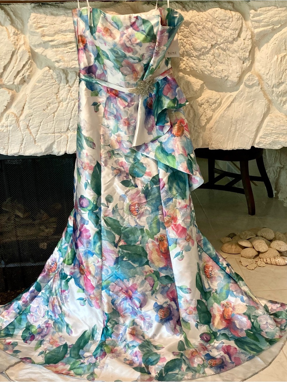 NWT Rene Ruiz vibrant strapless watercolor FLORAL print gown